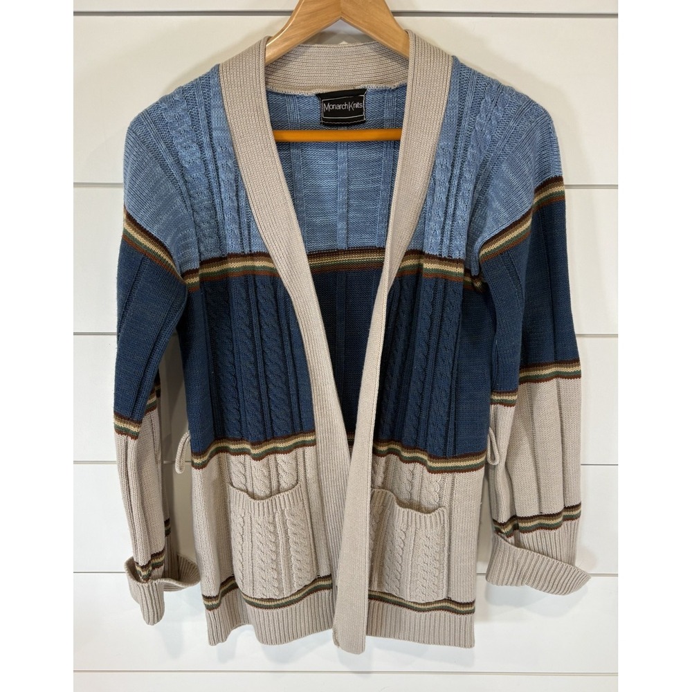 Monarch Knits Womens Open Front Cardigan Vintage Sweater Blue Tan Size Medium M‎